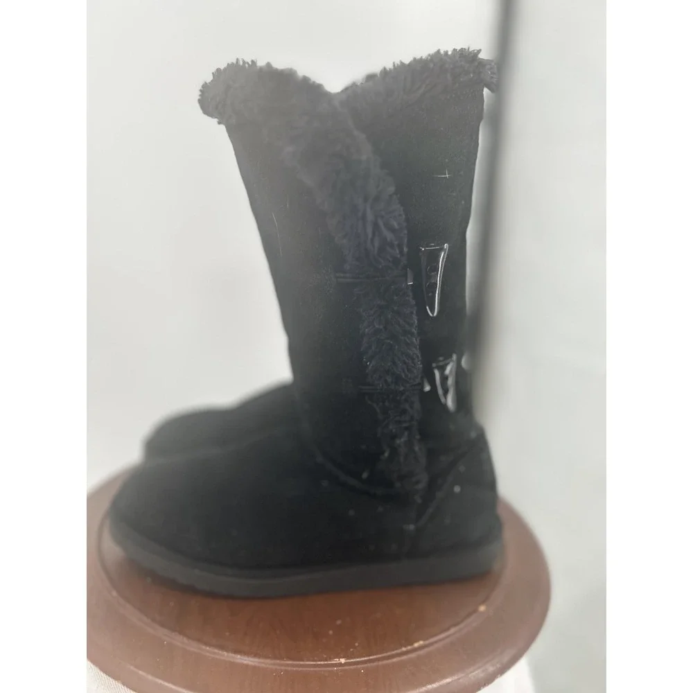 Winter Boots Size 7 Black Faux Fur Lined Suede Toggle Mid Calf Snow Warm